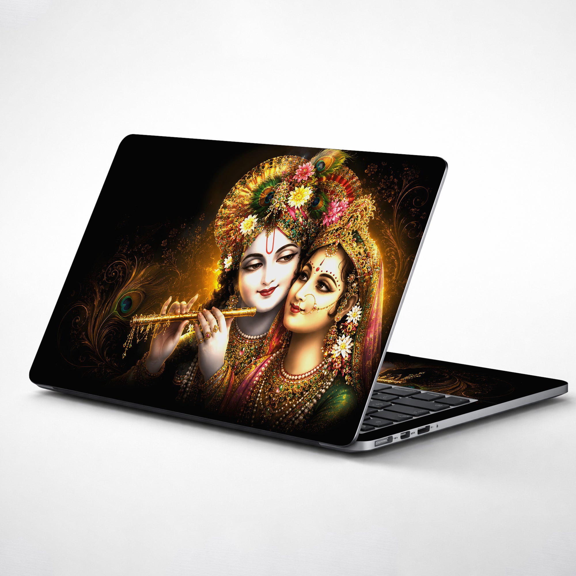Radha Krishna Floral Crown Flute Embrace Laptop Skin - View 1