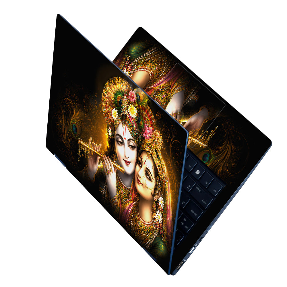 Radha Krishna Floral Crown Flute Embrace Laptop Skin - View 2
