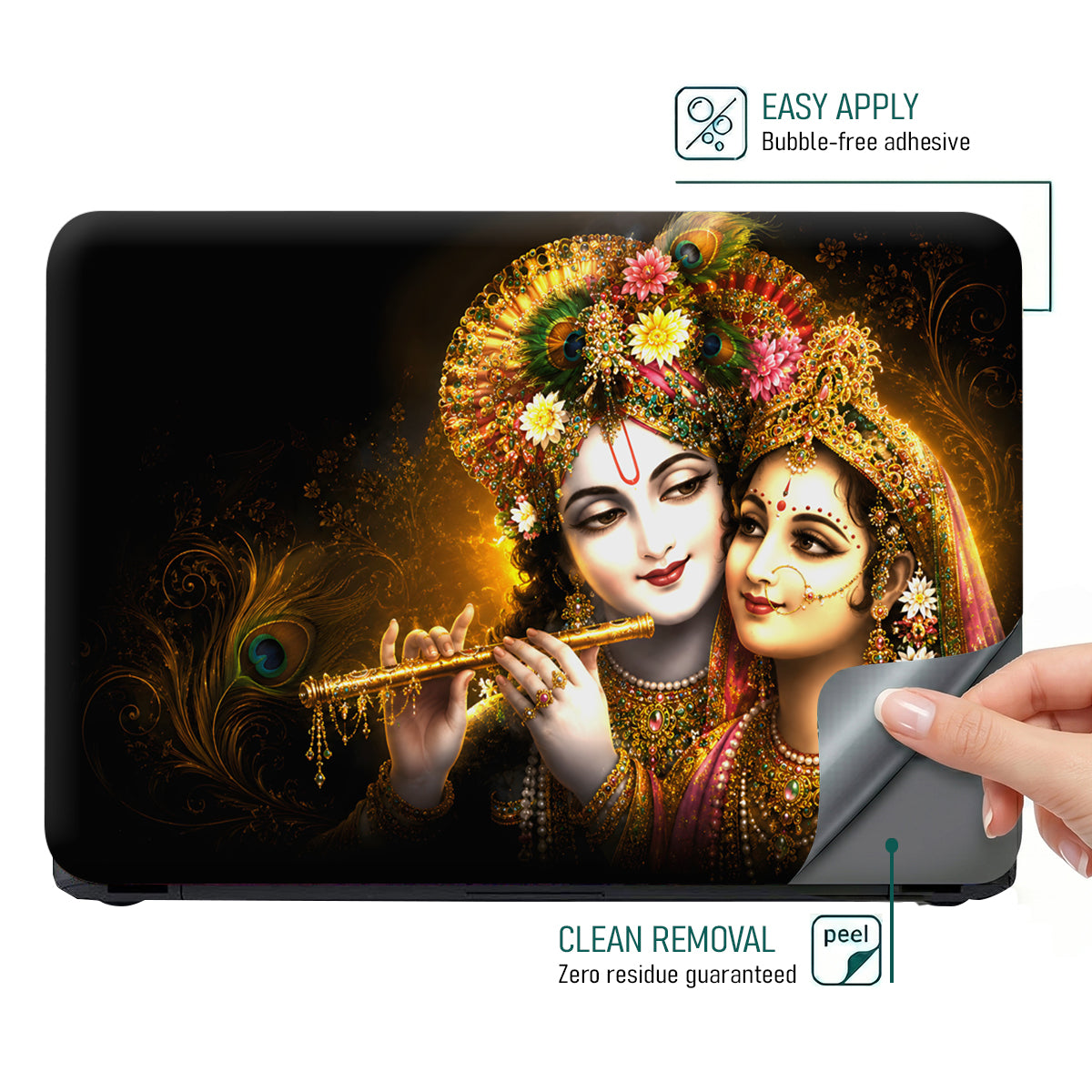 Radha Krishna Floral Crown Flute Embrace Laptop Skin - View 4