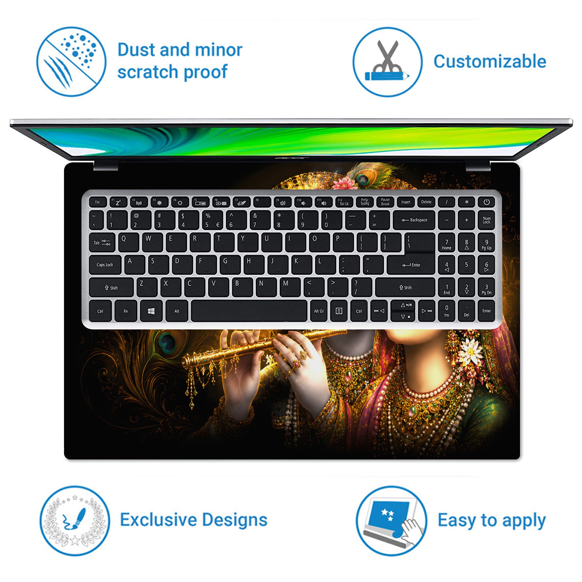 Radha Krishna Floral Crown Flute Embrace Laptop Skin - View 5