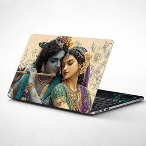 Radha Krishna Romantic Digital Art Peacock Feather Flute Laptop Skin - View 1