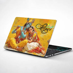 Radha Krishna Sitting Together Yellow Golden Background Laptop Skin - View 1