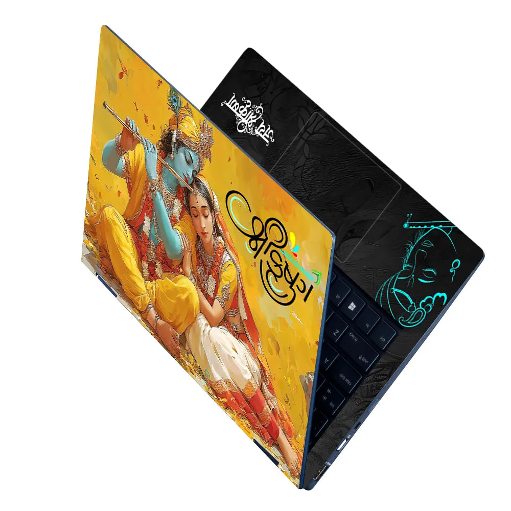 Radha Krishna Sitting Together Yellow Golden Background Laptop Skin - View 2