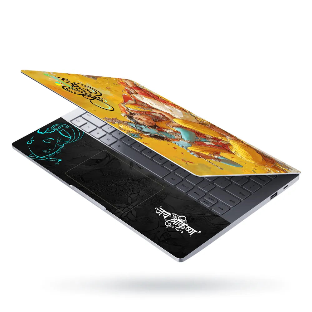 Radha Krishna Sitting Together Yellow Golden Background Laptop Skin - View 3