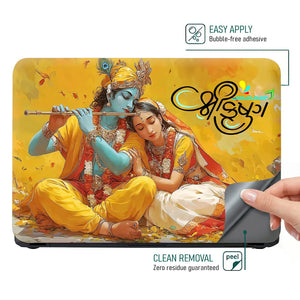 Radha Krishna Sitting Together Yellow Golden Background Laptop Skin - View 4