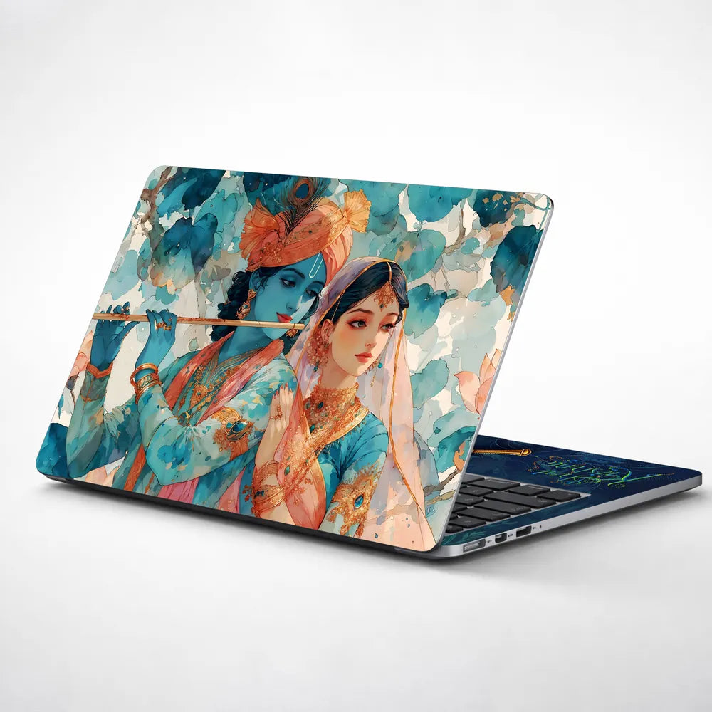 Radha Krishna Teal Watercolor Floral Romantic Art Laptop Skin - View 1