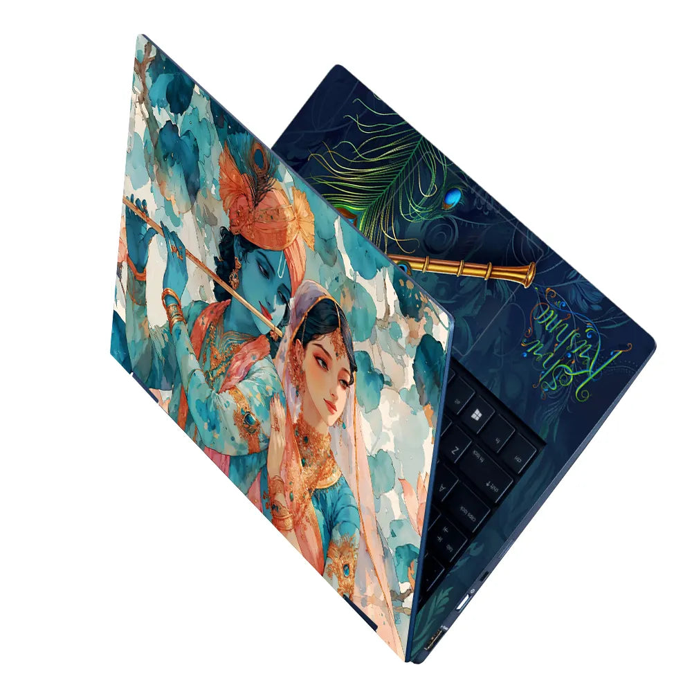 Radha Krishna Teal Watercolor Floral Romantic Art Laptop Skin - View 2
