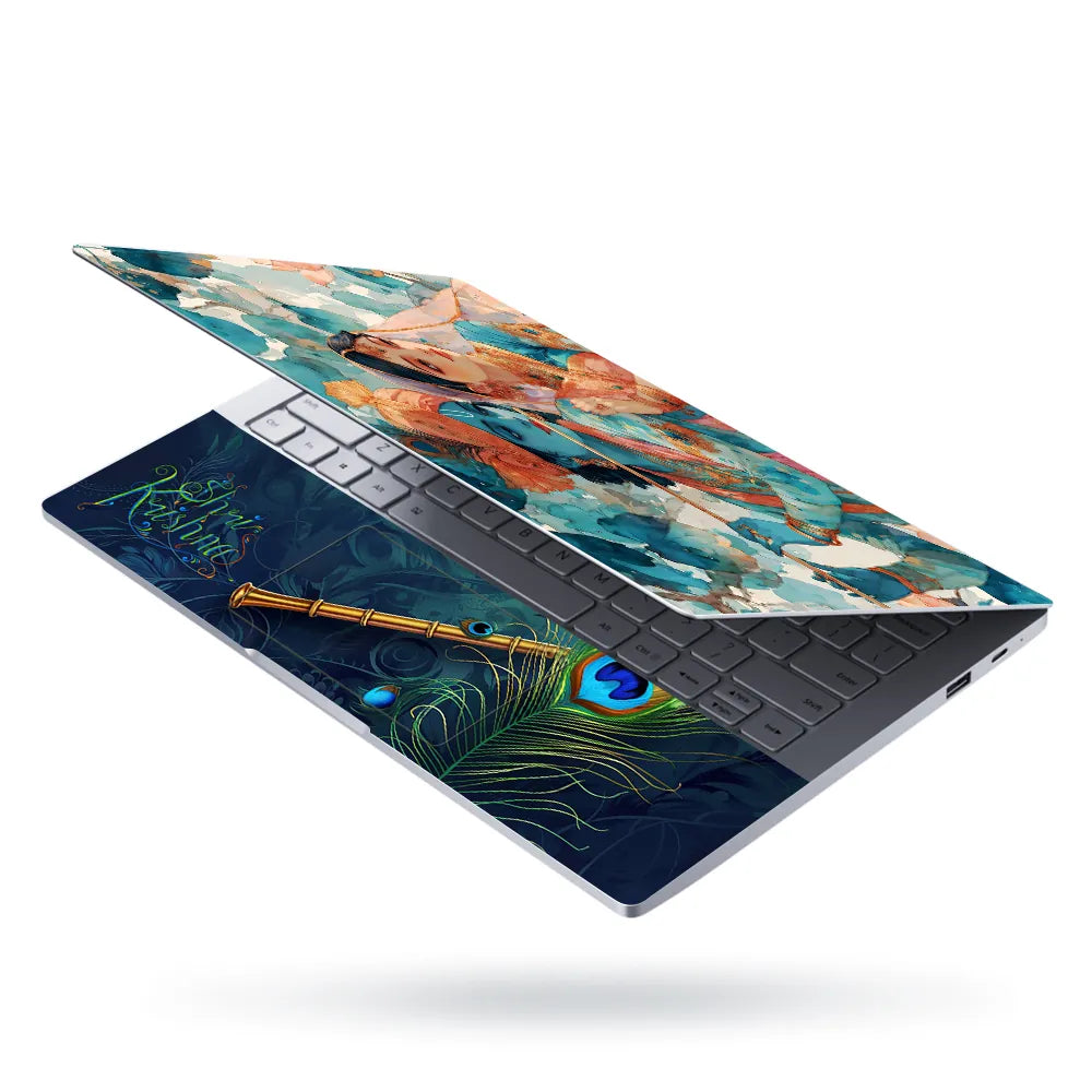 Radha Krishna Teal Watercolor Floral Romantic Art Laptop Skin - View 3