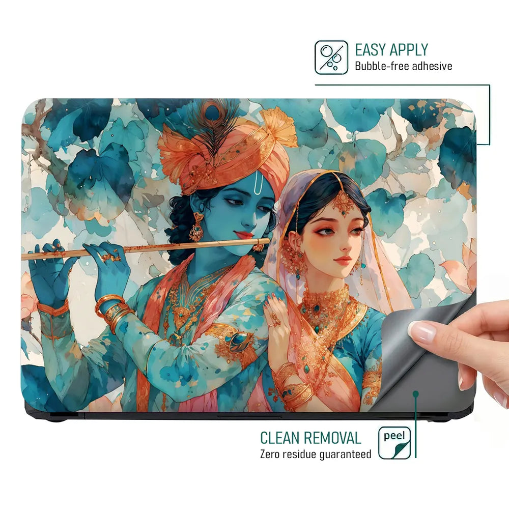 Radha Krishna Teal Watercolor Floral Romantic Art Laptop Skin - View 4