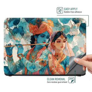Radha Krishna Teal Watercolor Floral Romantic Art Laptop Skin - View 4
