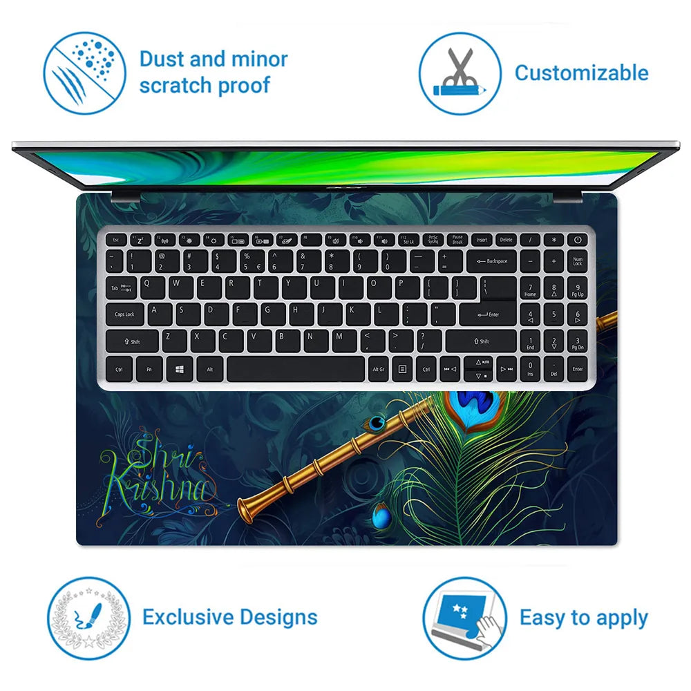 Radha Krishna Teal Watercolor Floral Romantic Art Laptop Skin - View 5