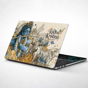 Radha Krishna Watercolor Art Cows Temple Vrindavan Laptop Skin - View 1