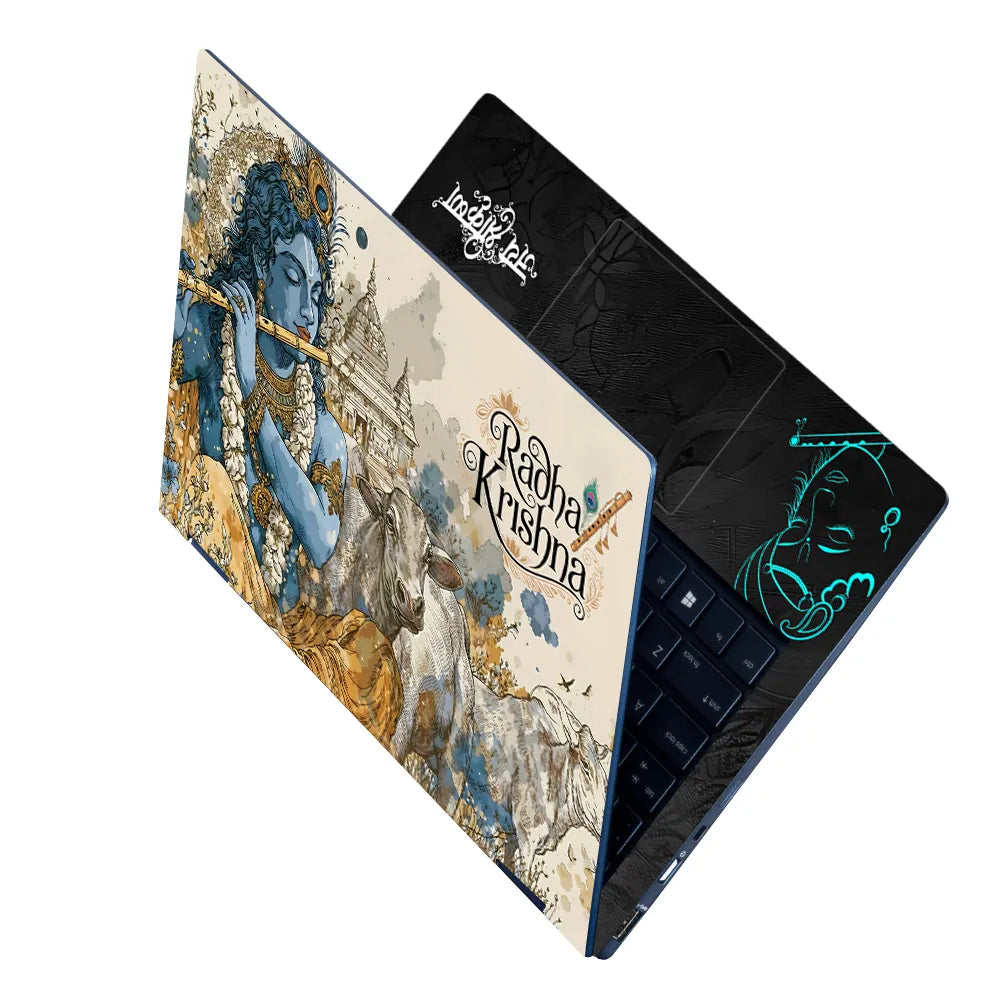 Radha Krishna Watercolor Art Cows Temple Vrindavan Laptop Skin - View 2