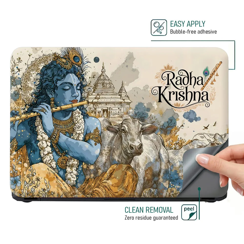 Radha Krishna Watercolor Art Cows Temple Vrindavan Laptop Skin - View 4