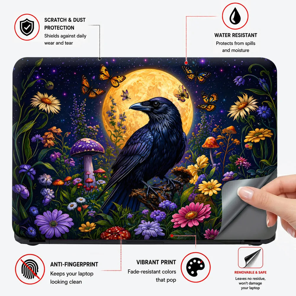 Raven Full Moon Wildflowers Laptop Skin - View 4