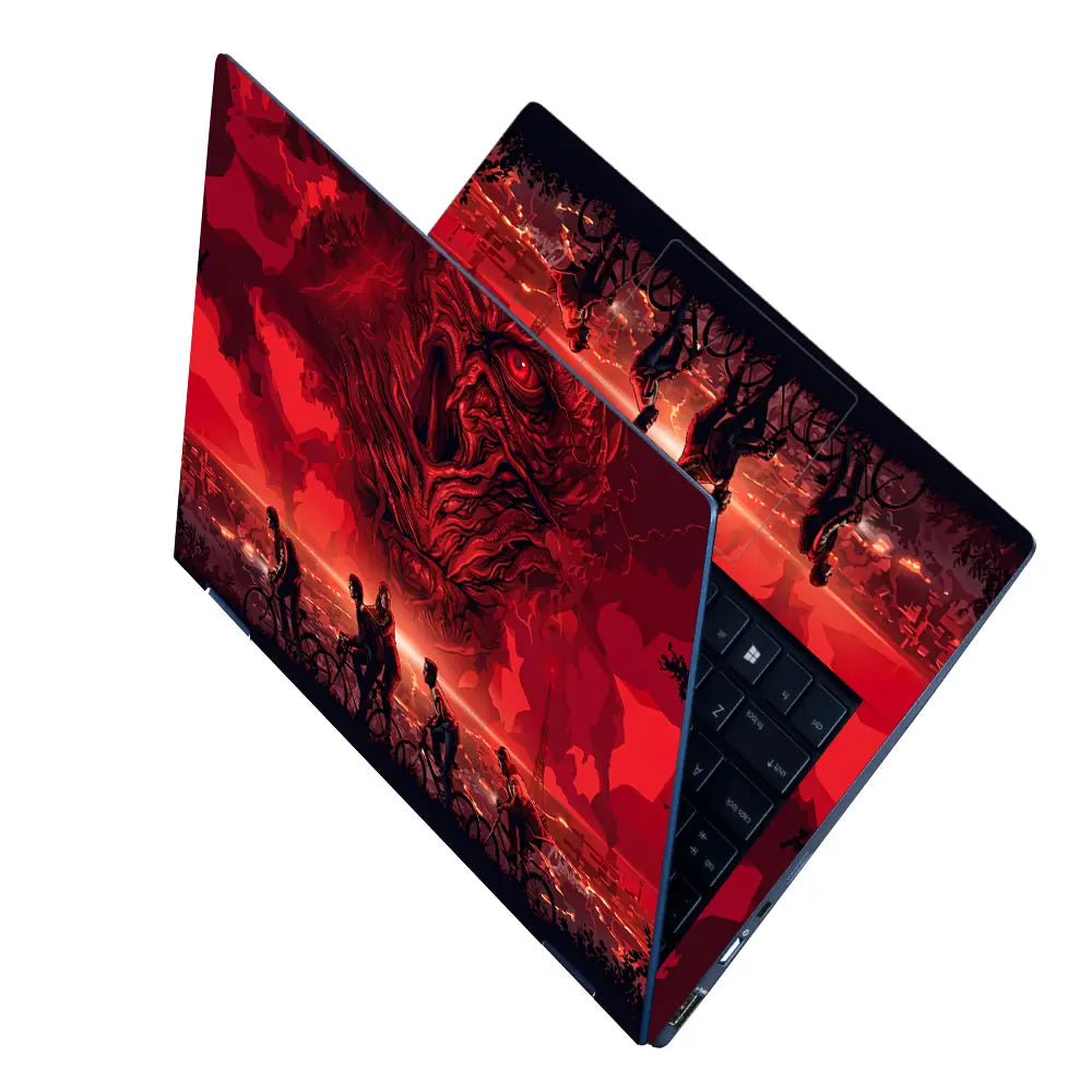 Red Horror Cyclists Against Ominous Sky Laptop Skin - View 2