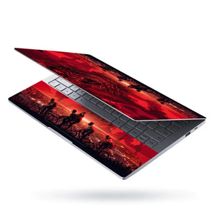 Red Horror Cyclists Against Ominous Sky Laptop Skin - View 3