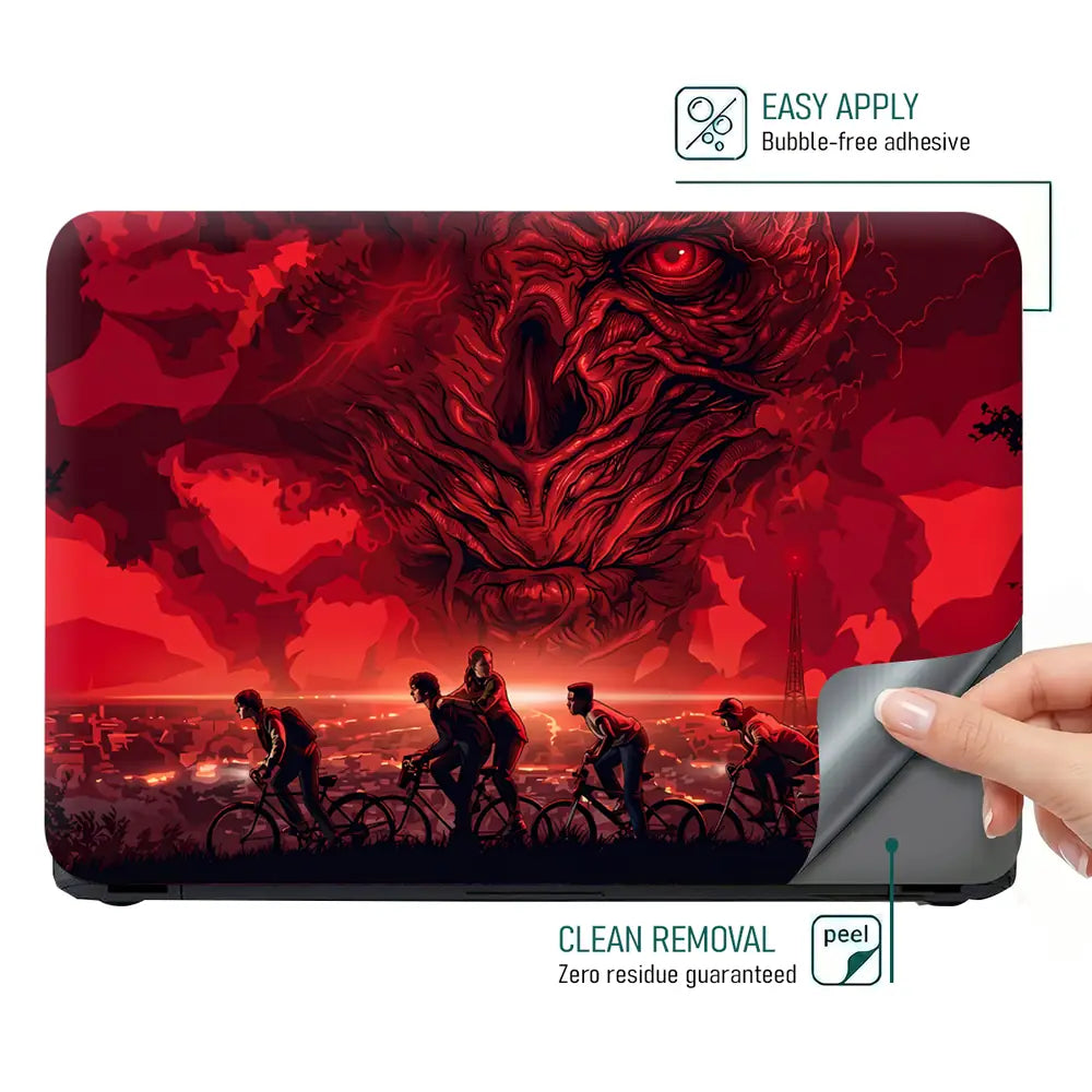 Red Horror Cyclists Against Ominous Sky Laptop Skin - View 4