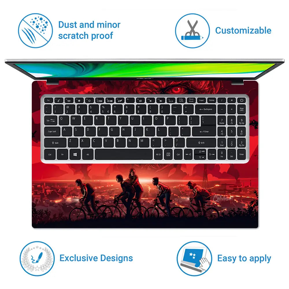 Red Horror Cyclists Against Ominous Sky Laptop Skin - View 5