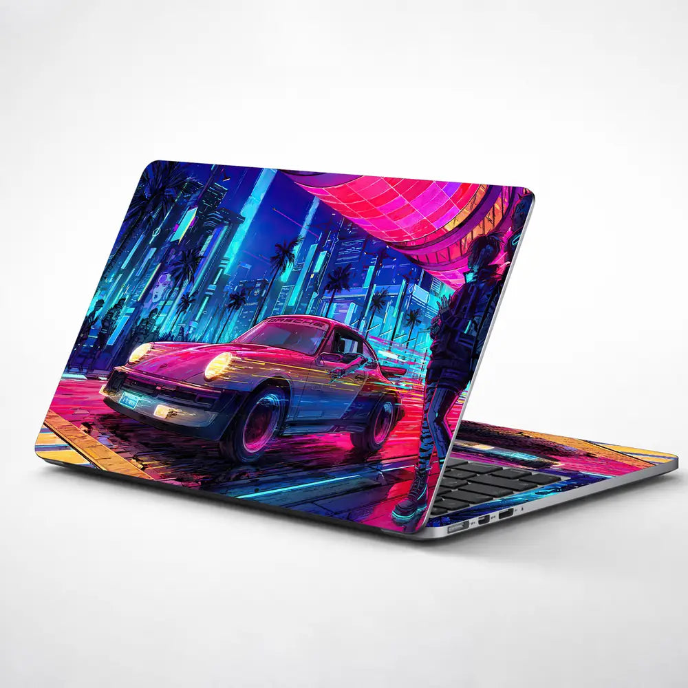 Retro Car Neon Cityscape Art Laptop Skin - View 1