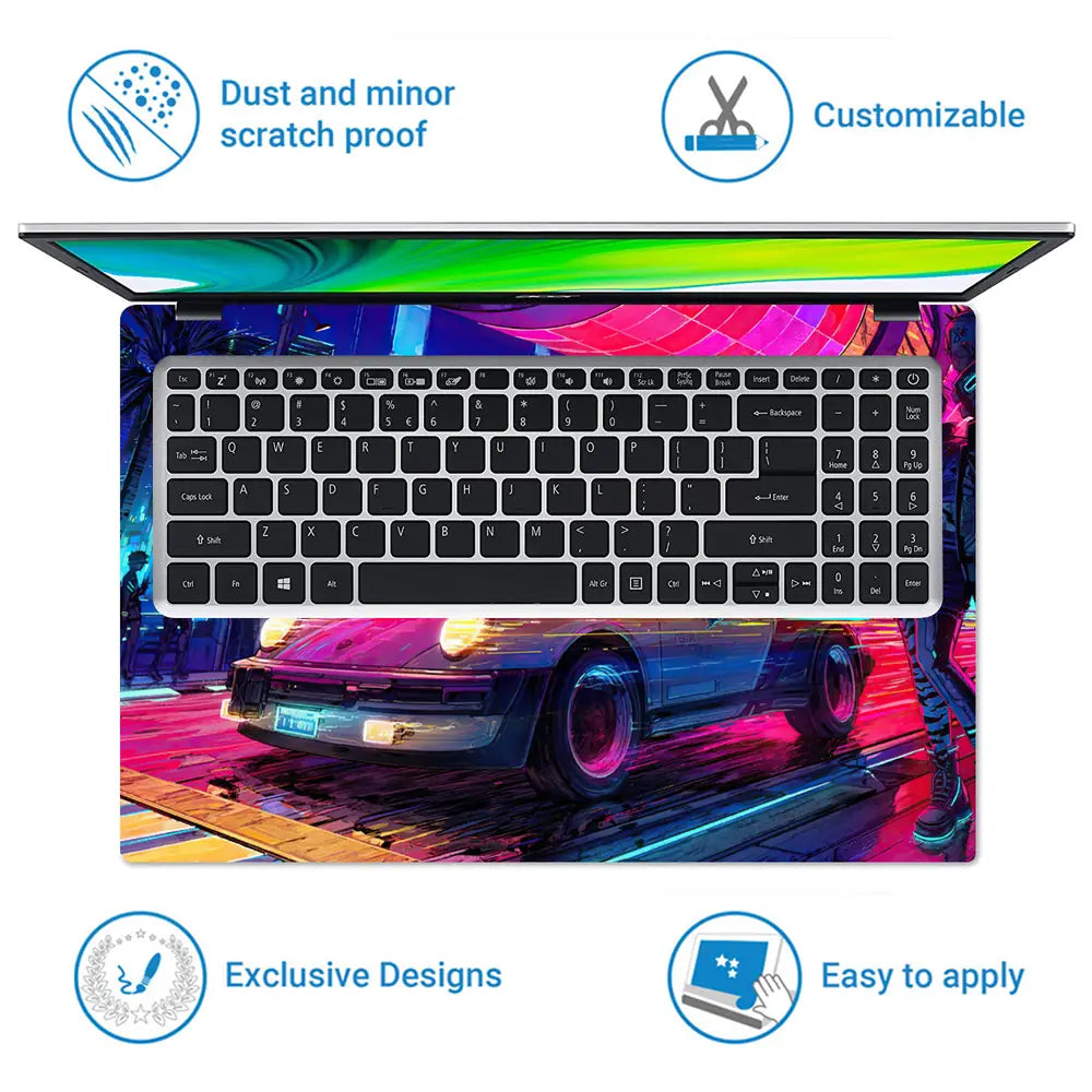 Retro Car Neon Cityscape Art Laptop Skin - View 5