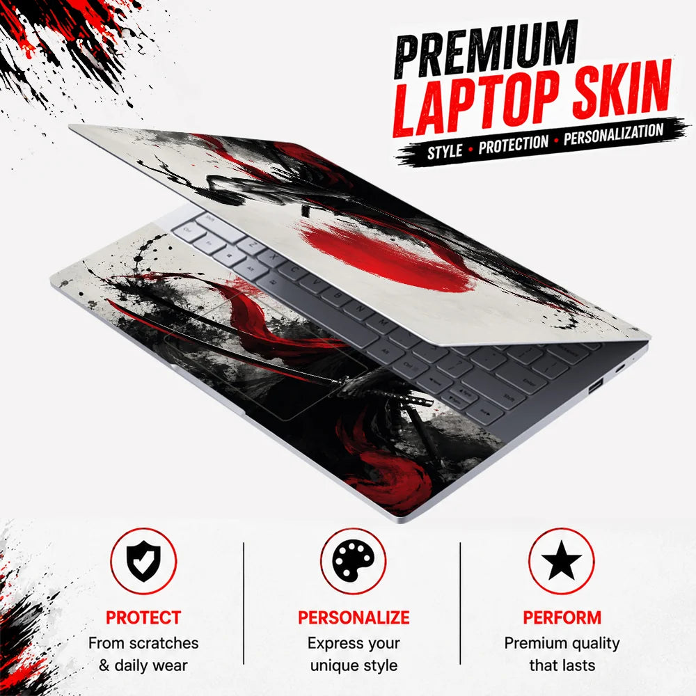 Samurai Red Sun Ink Wash Laptop Skin - View 3