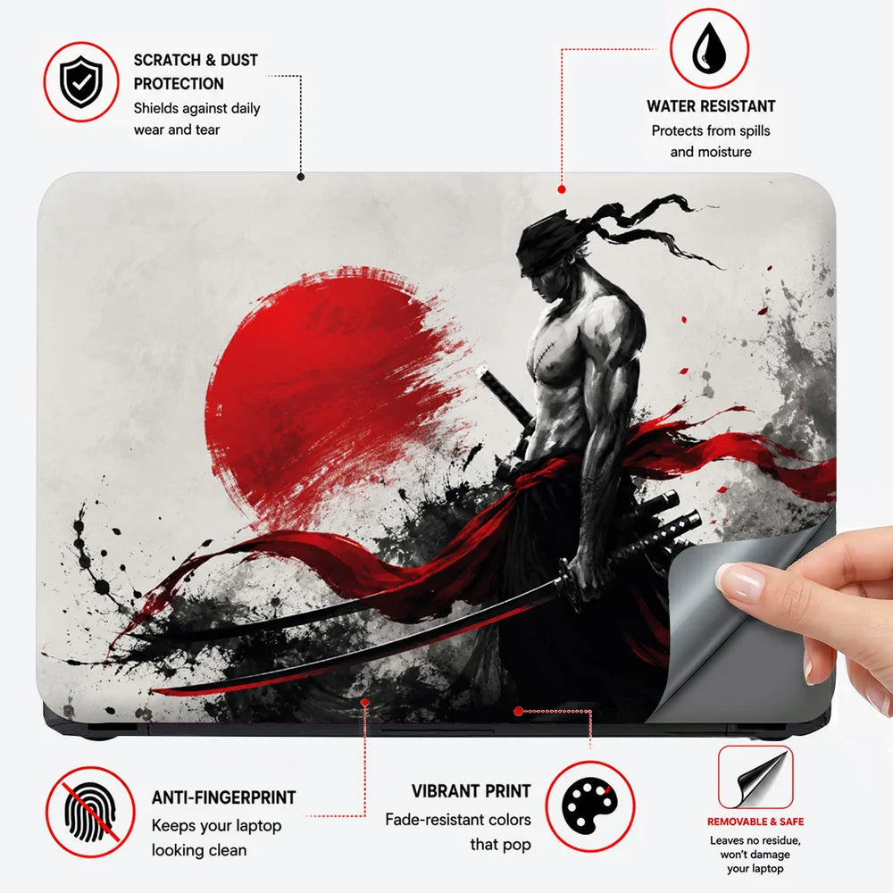 Samurai Red Sun Ink Wash Laptop Skin - View 4
