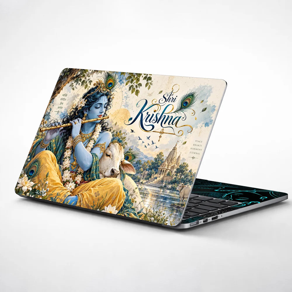 Shri Krishna Flute Cow River Laptop Skin - View 1