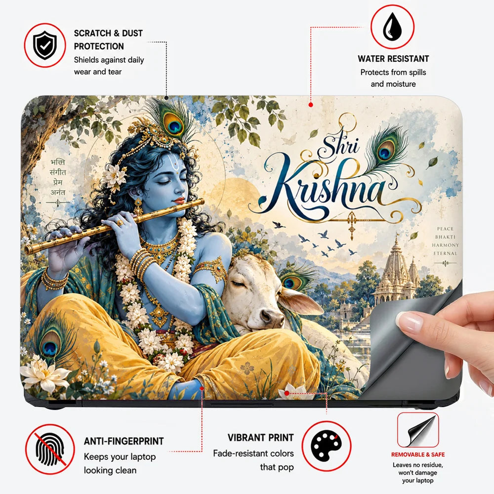 Shri Krishna Flute Cow River Laptop Skin - View 4