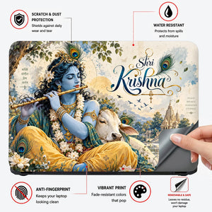 Shri Krishna Flute Cow River Laptop Skin - View 4