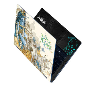 Shri Krishna Flute Cows Temple Watercolor Illustration Laptop Skin - View 2