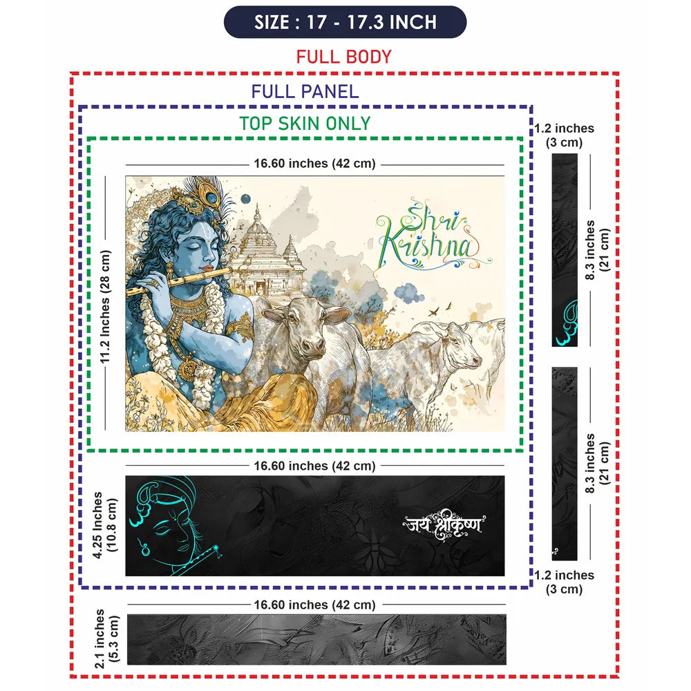 Shri Krishna Flute Cows Temple Watercolor Illustration Laptop Skin - View 9