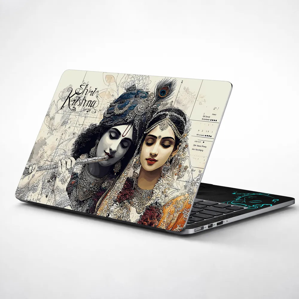 Shri Krishna Radha Sketch Monochrome Pencil Art Laptop Skin - View 1