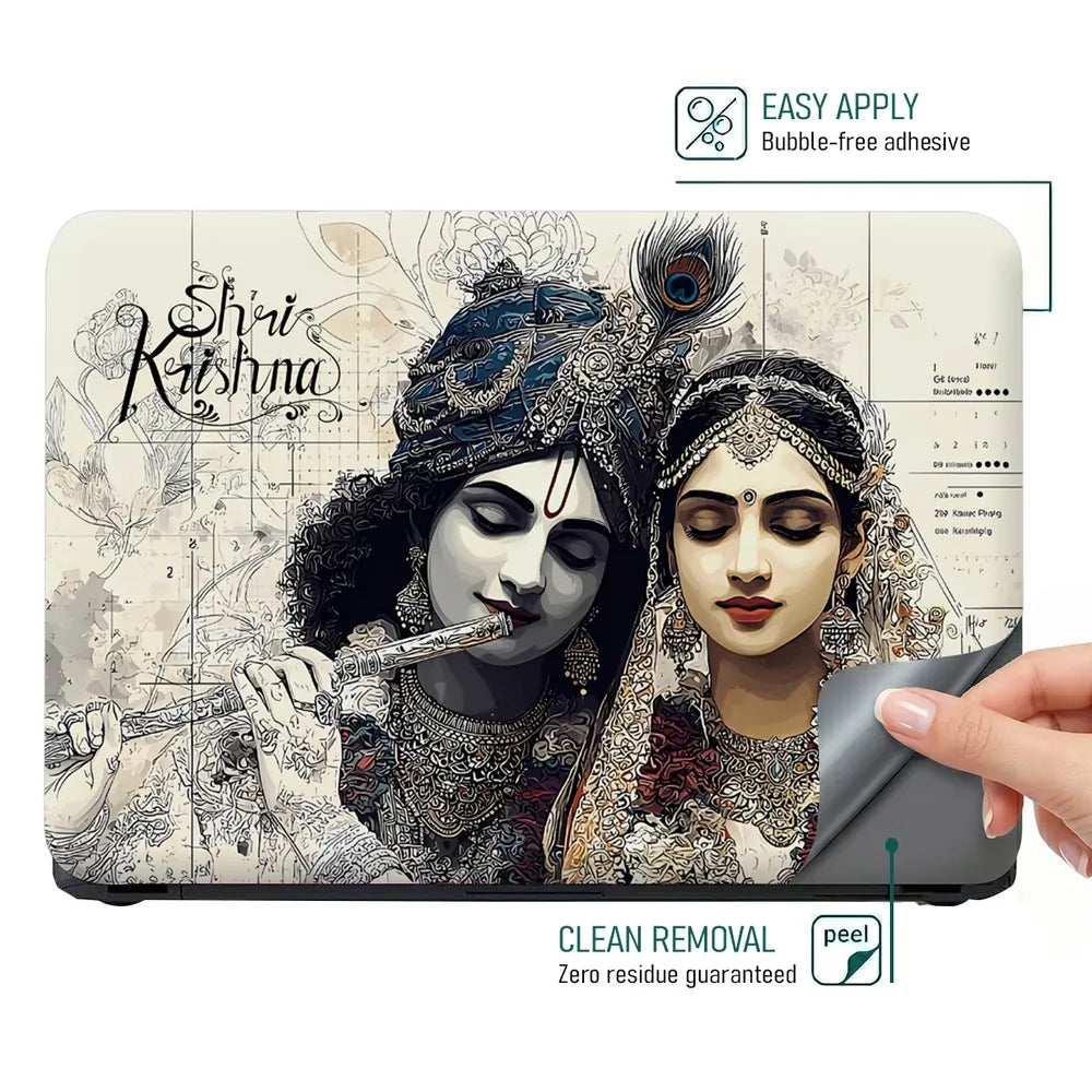 Shri Krishna Radha Sketch Monochrome Pencil Art Laptop Skin - View 4
