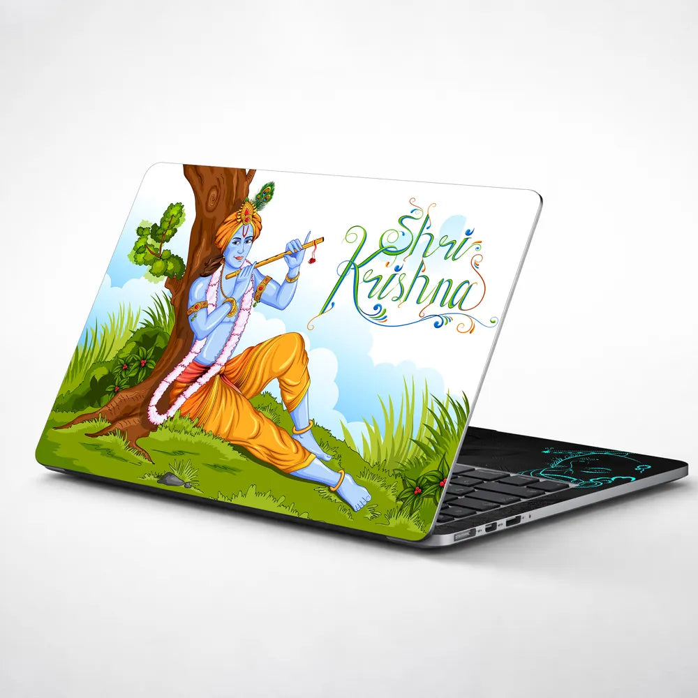 Shri Krishna Under Tree Flute Cartoon Green Nature Laptop Skin - View 1