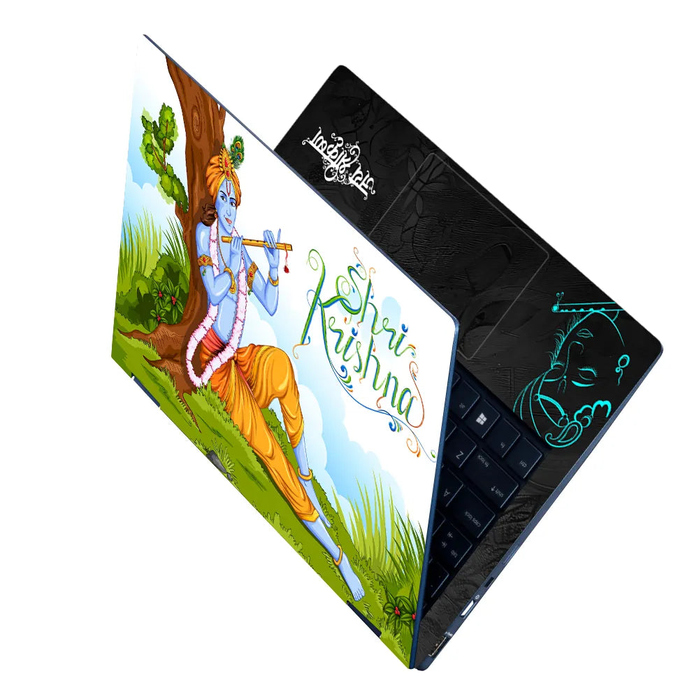 Shri Krishna Under Tree Flute Cartoon Green Nature Laptop Skin - View 2