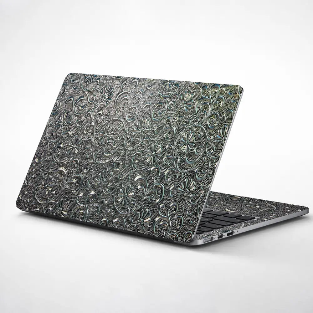 Silver Chrome Floral - Metallic and Textured Finish Laptop Skin - View 1