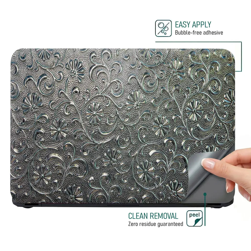 Silver Chrome Floral - Metallic and Textured Finish Laptop Skin - View 4