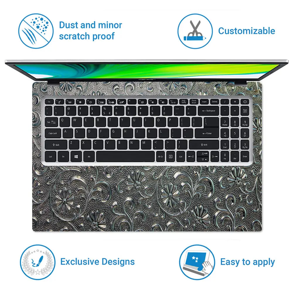 Silver Chrome Floral - Metallic and Textured Finish Laptop Skin - View 5