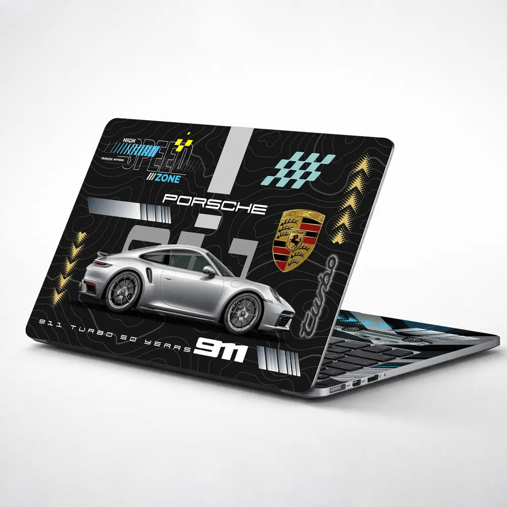 Silver Porsche 911 Turbo S Black Topographic Speed Zone Design Laptop Skin - View 1