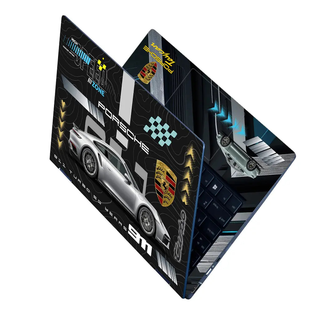 Silver Porsche 911 Turbo S Black Topographic Speed Zone Design Laptop Skin - View 2