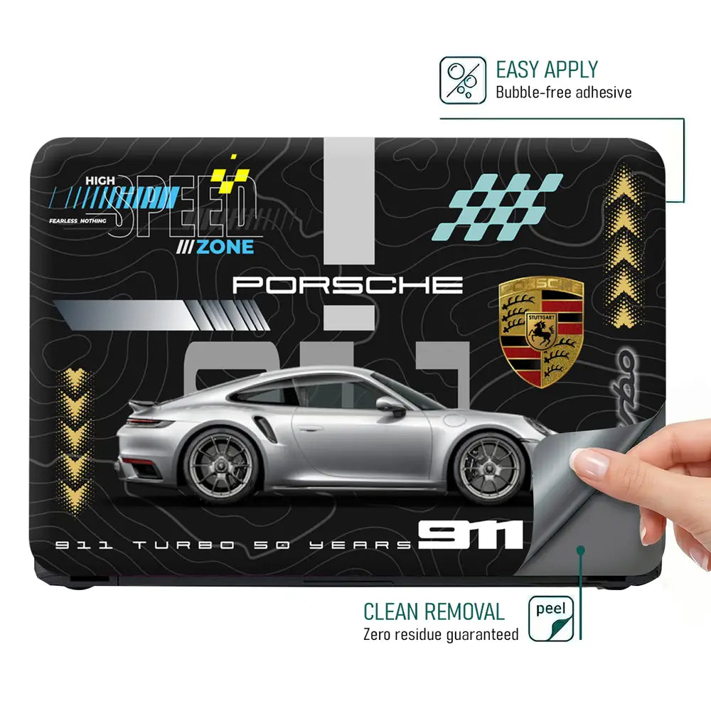 Silver Porsche 911 Turbo S Black Topographic Speed Zone Design Laptop Skin - View 4