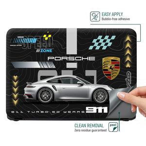 Silver Porsche 911 Turbo S Black Topographic Speed Zone Design Laptop Skin - View 4