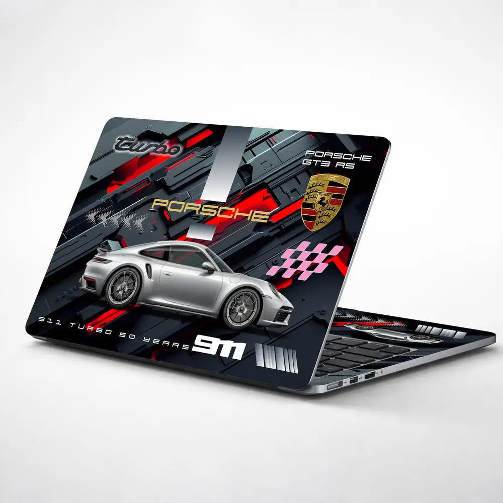 Silver Porsche 911 Turbo S Red Accent Graphic Design Laptop Skin - View 1