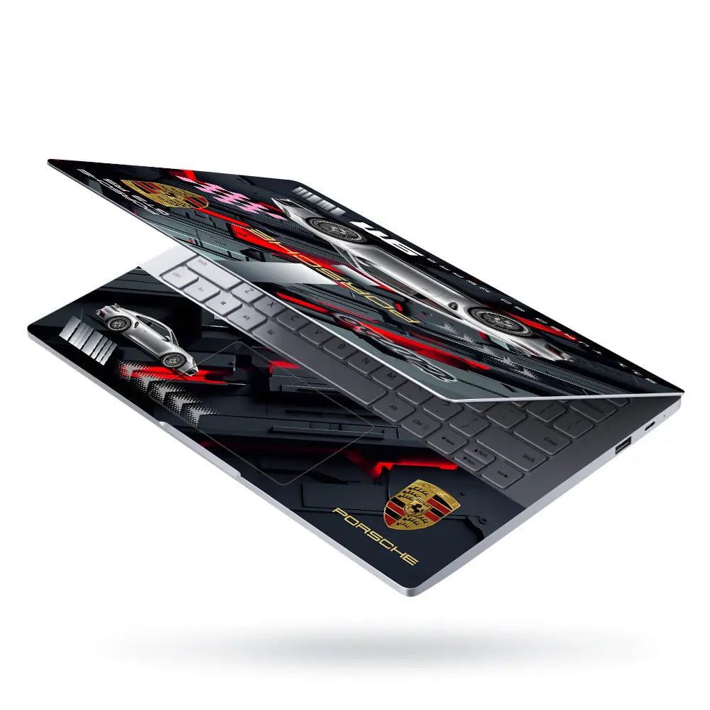 Silver Porsche 911 Turbo S Red Accent Graphic Design Laptop Skin - View 3