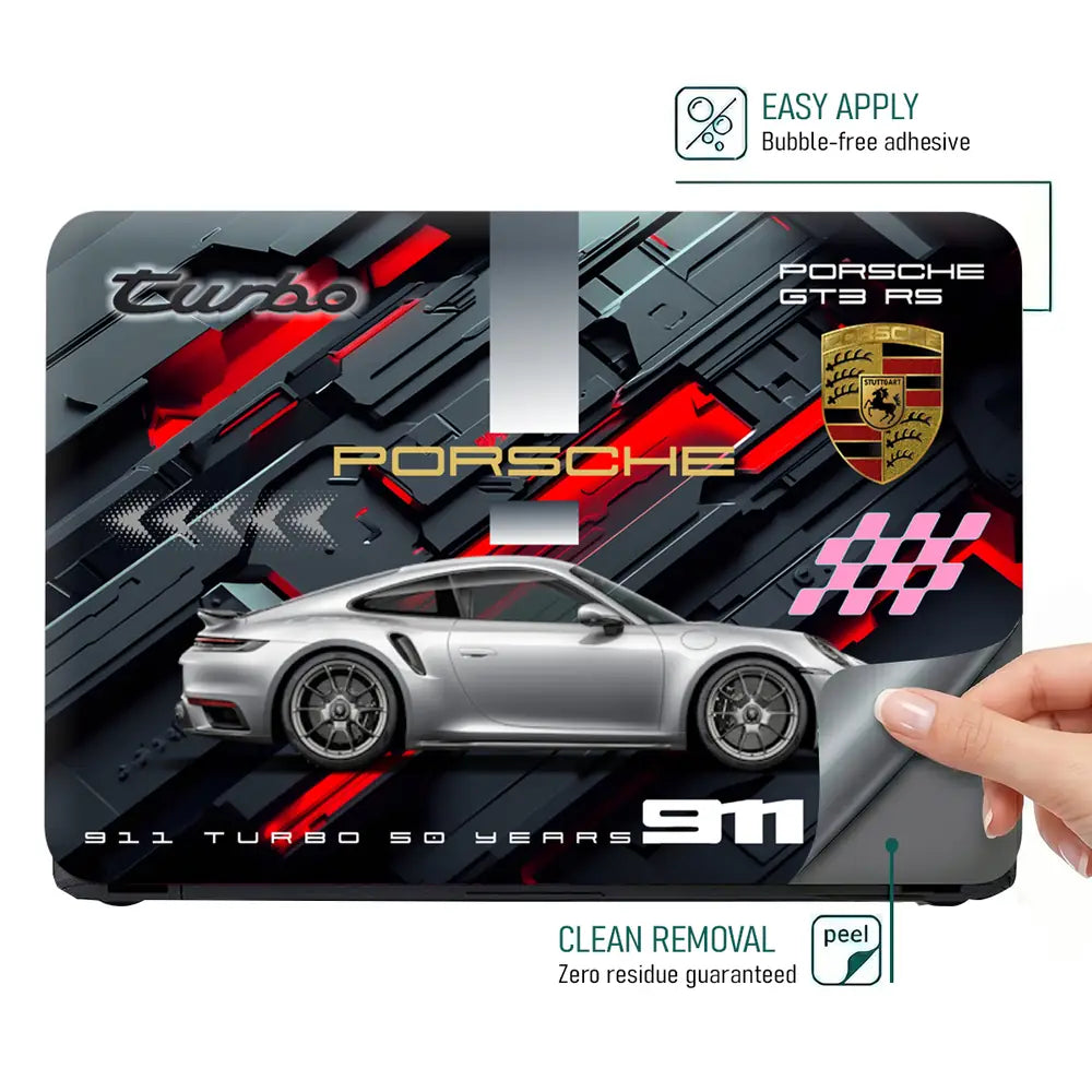 Silver Porsche 911 Turbo S Red Accent Graphic Design Laptop Skin - View 4