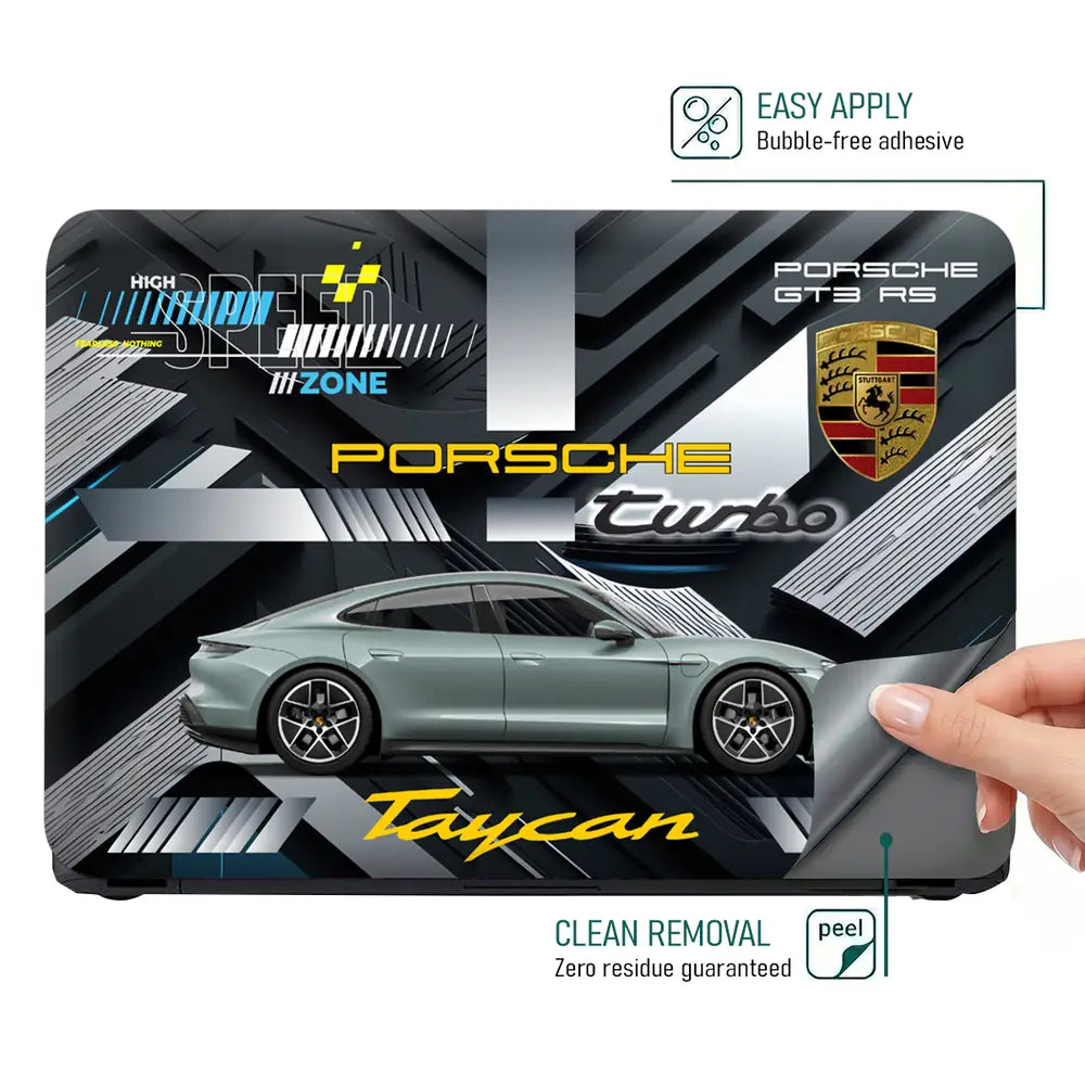 Silver Porsche Taycan Turbo High Speed Zone Design Laptop Skin - View 4