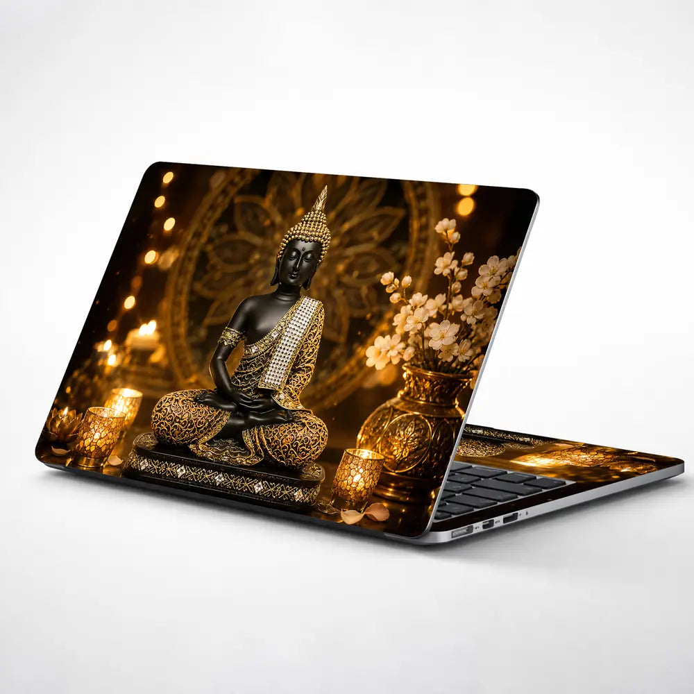 Spiritual Buddha Black Gold Candles Laptop Skin - View 1