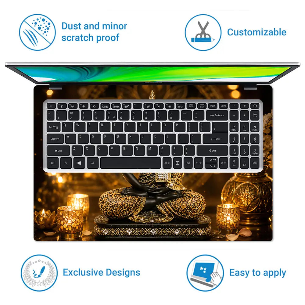 Spiritual Buddha Black Gold Candles Laptop Skin - View 5