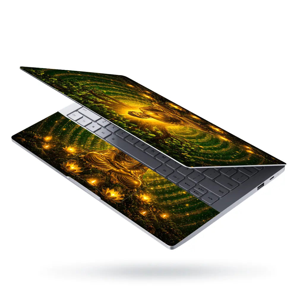 Spiritual Buddha Bodhi Tree Gold Green Laptop Skin - View 3